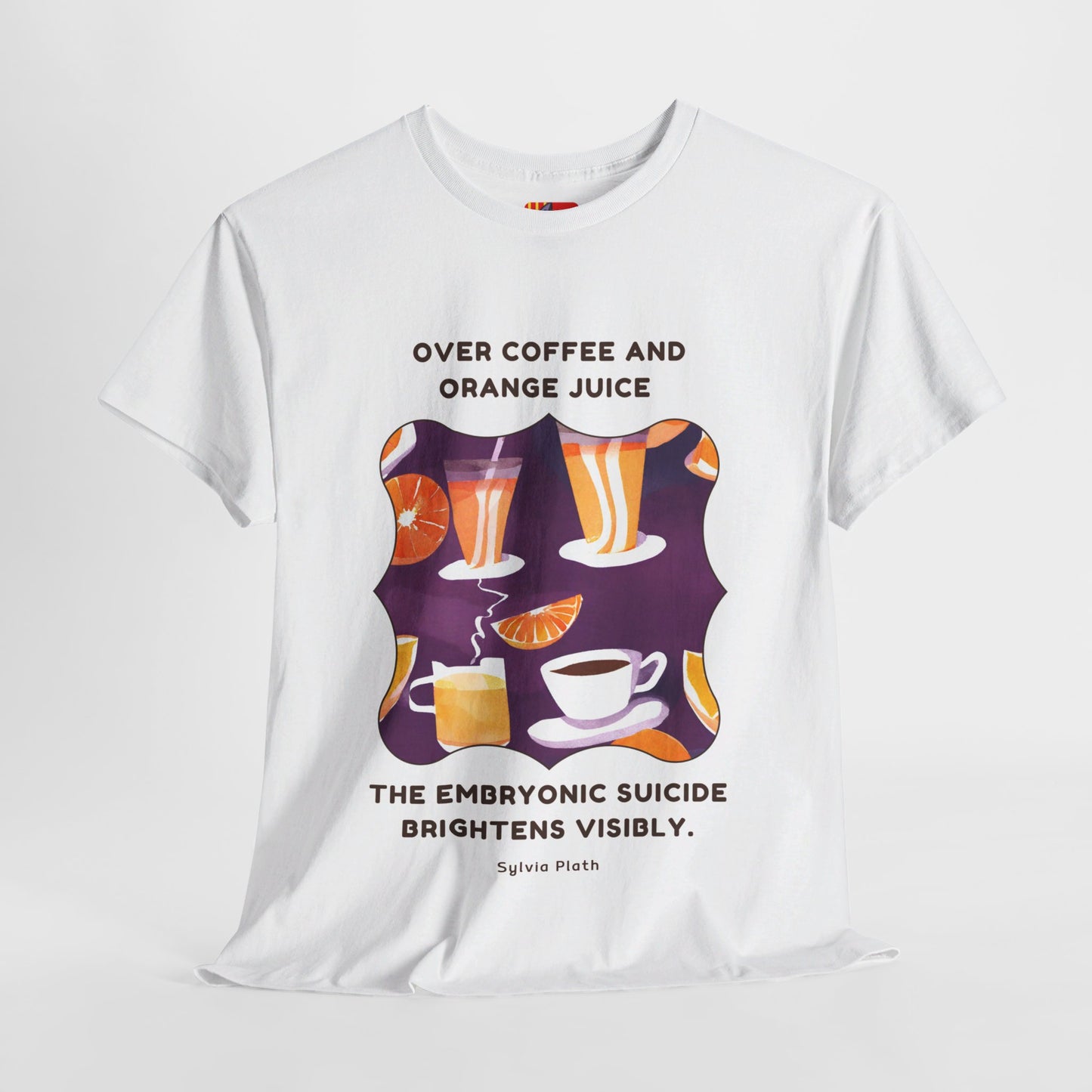 Over coffee and orange T-shirt