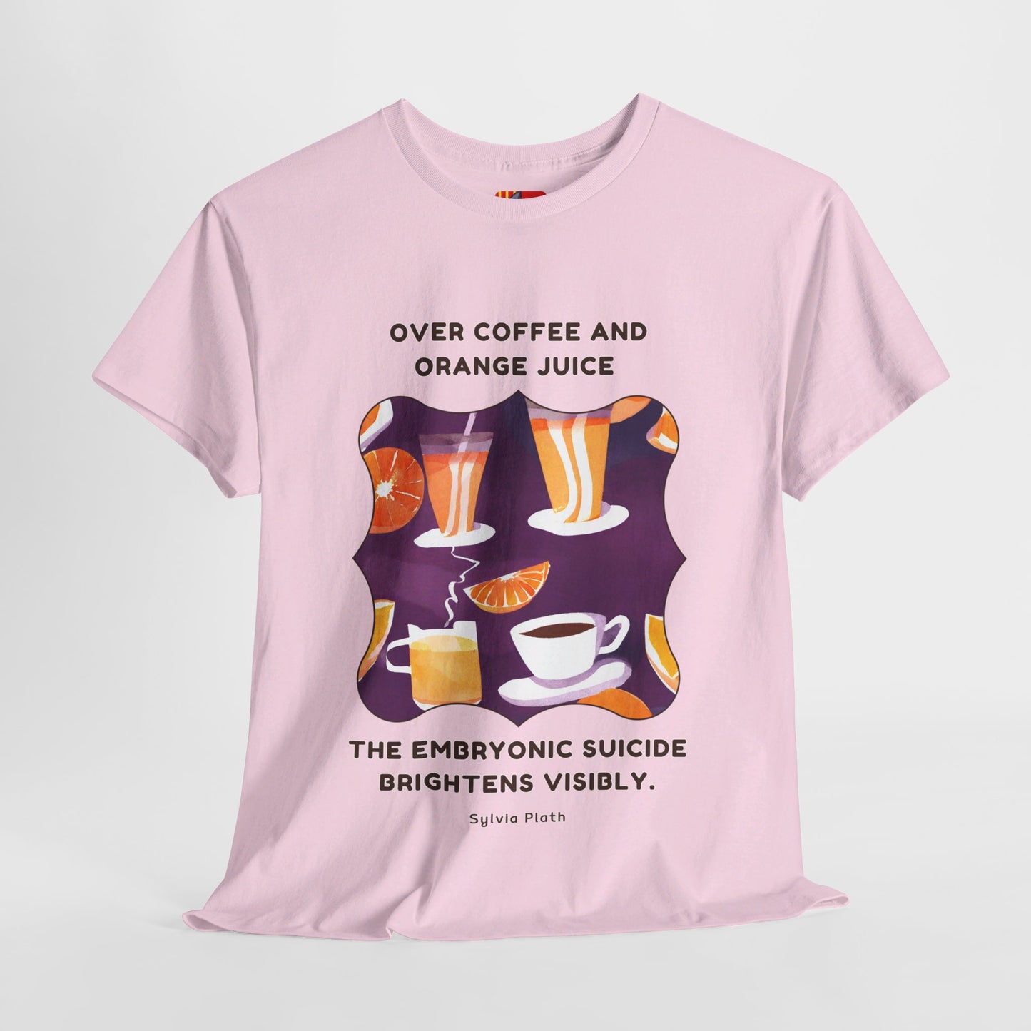 Over coffee and orange T-shirt