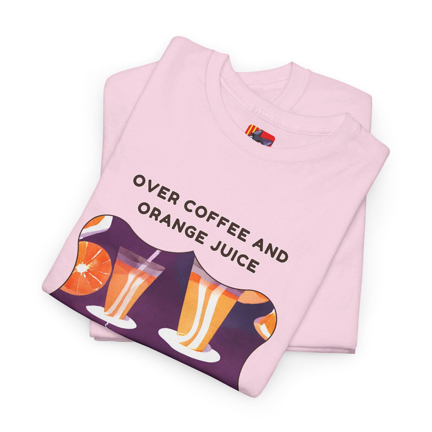 Over coffee and orange T-shirt