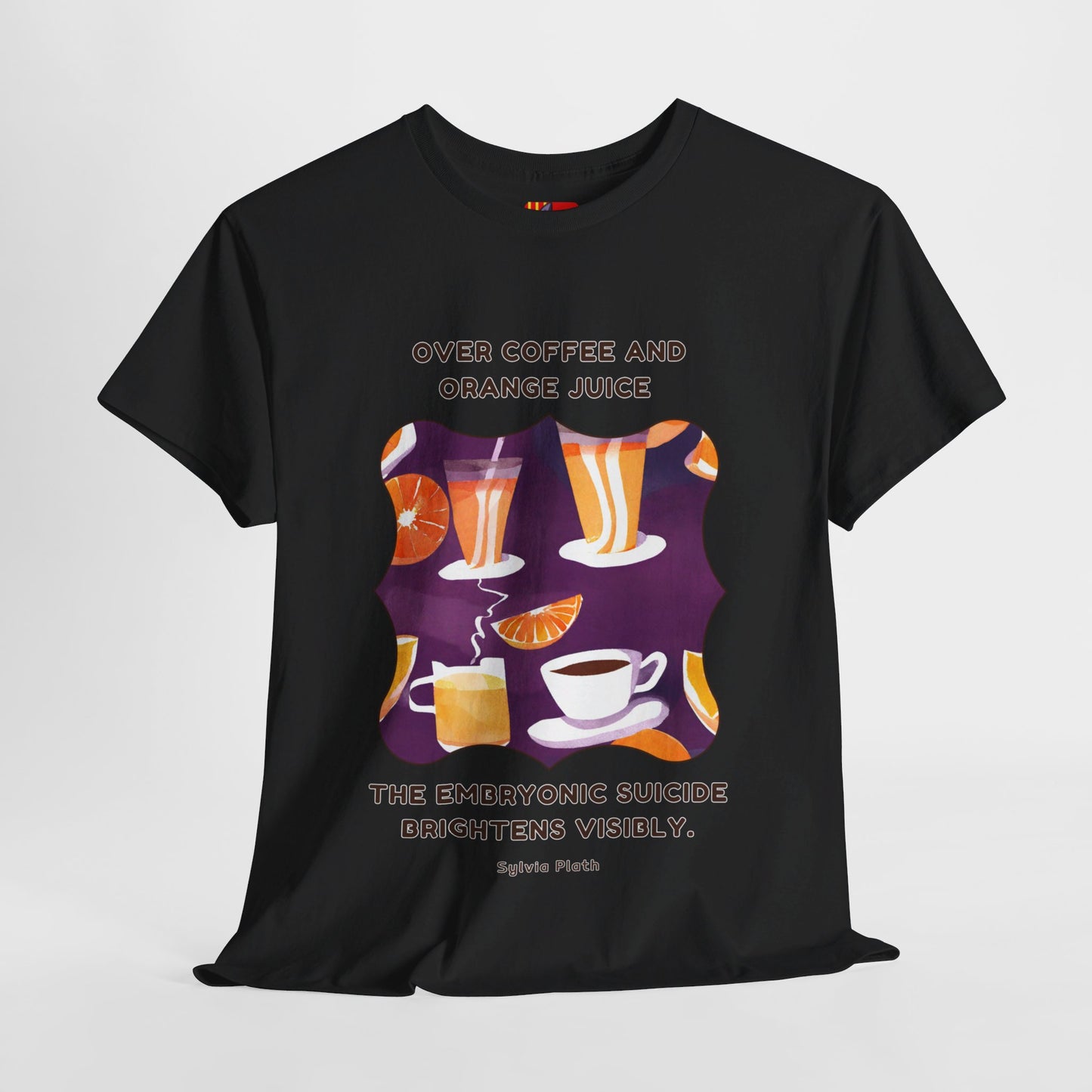 Over coffee and orange T-shirt