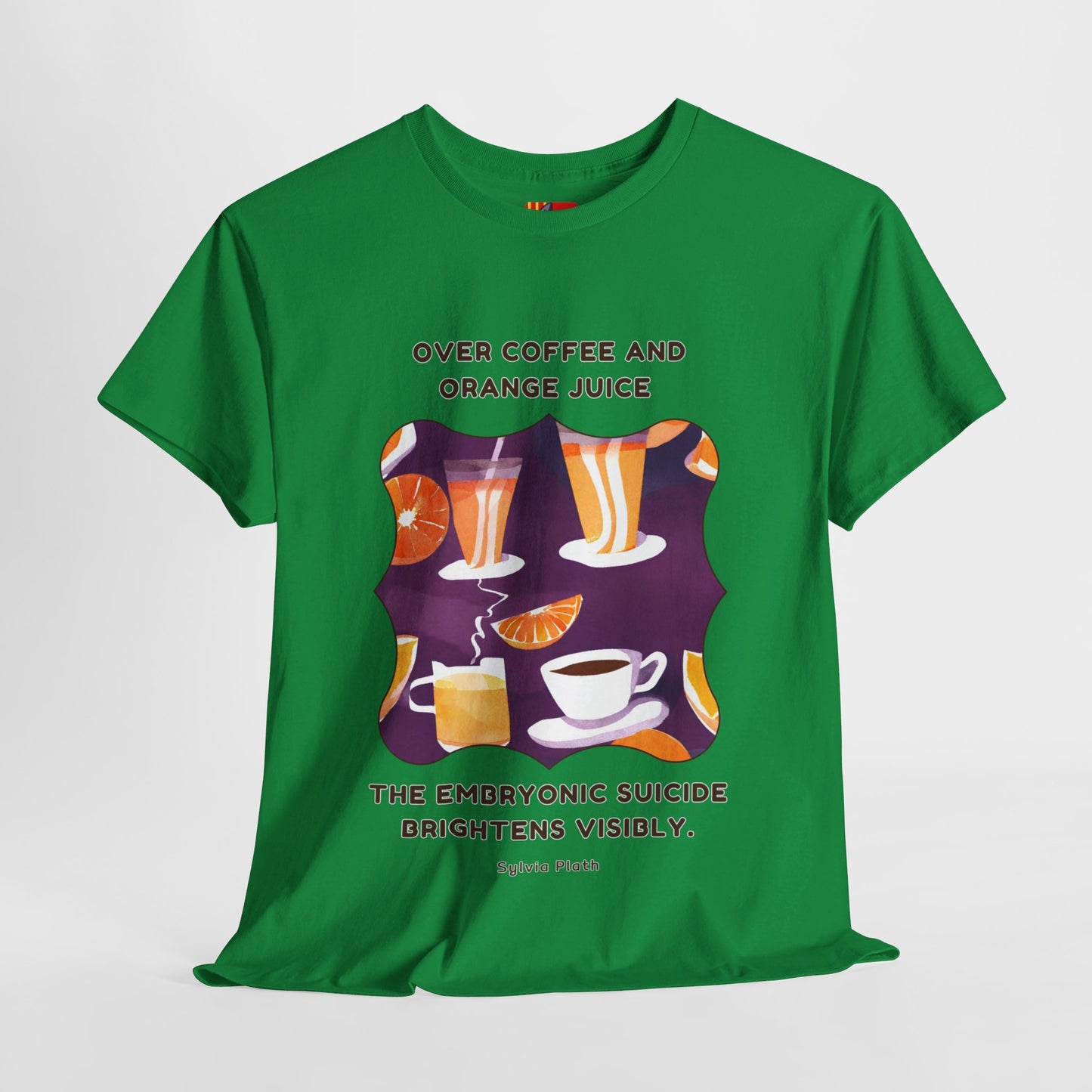 Over coffee and orange T-shirt