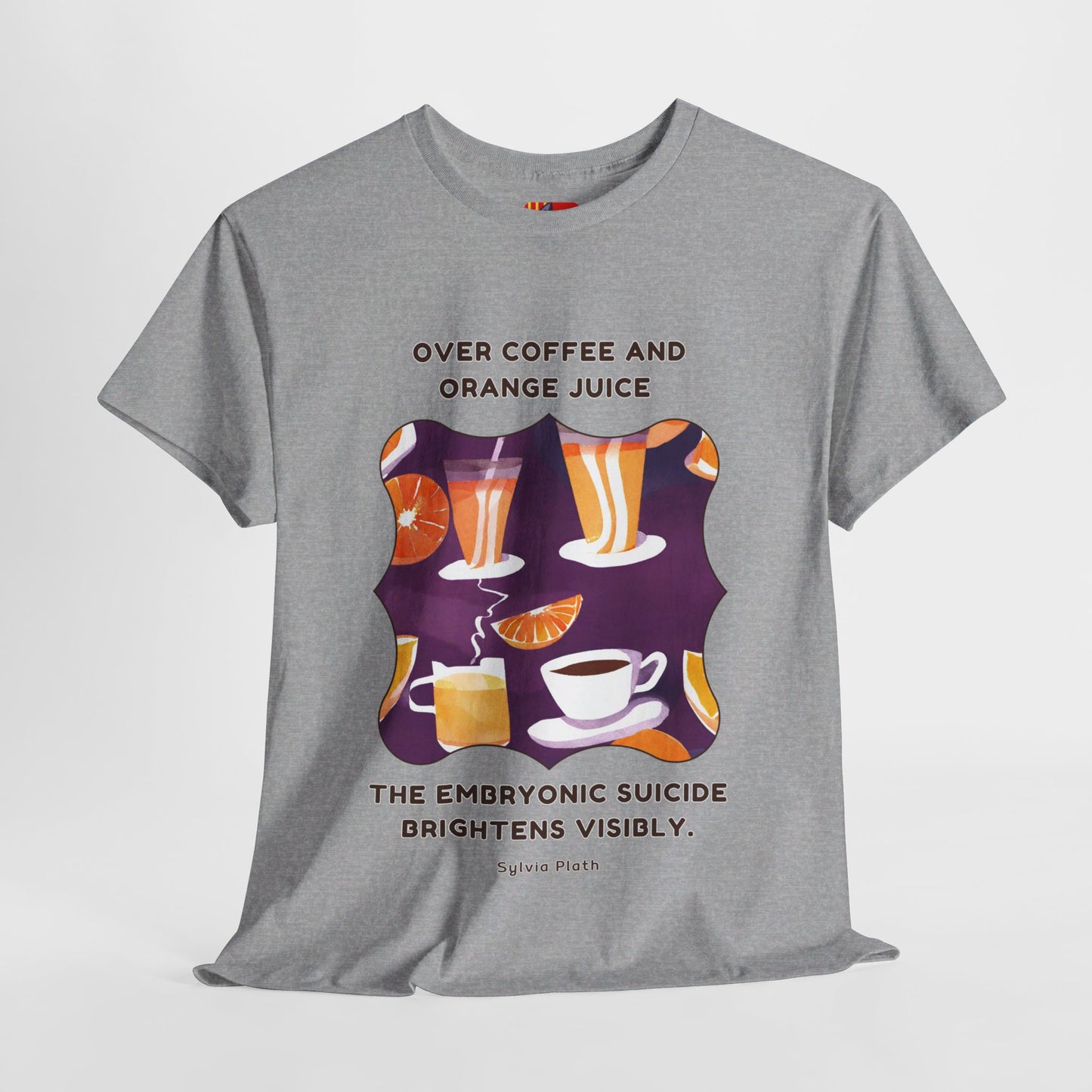 Over coffee and orange T-shirt