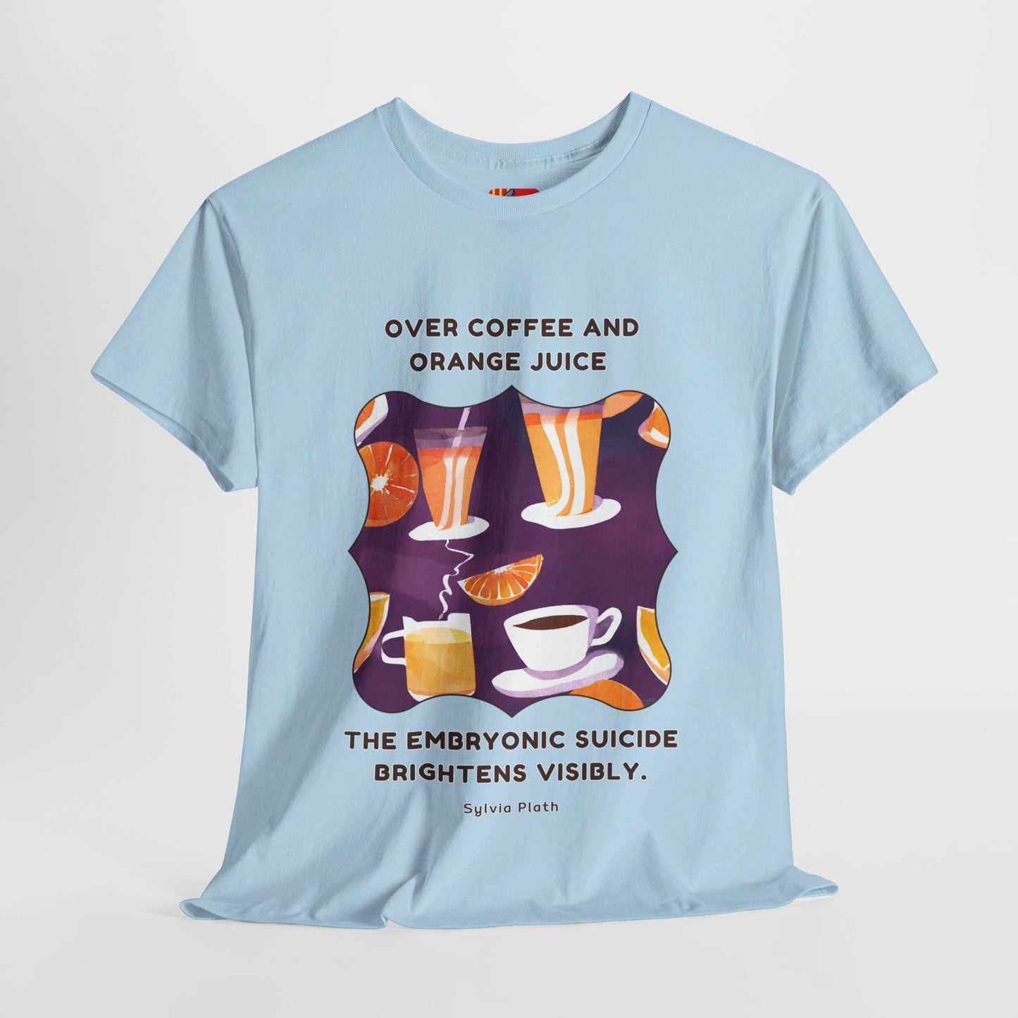 Over coffee and orange T-shirt