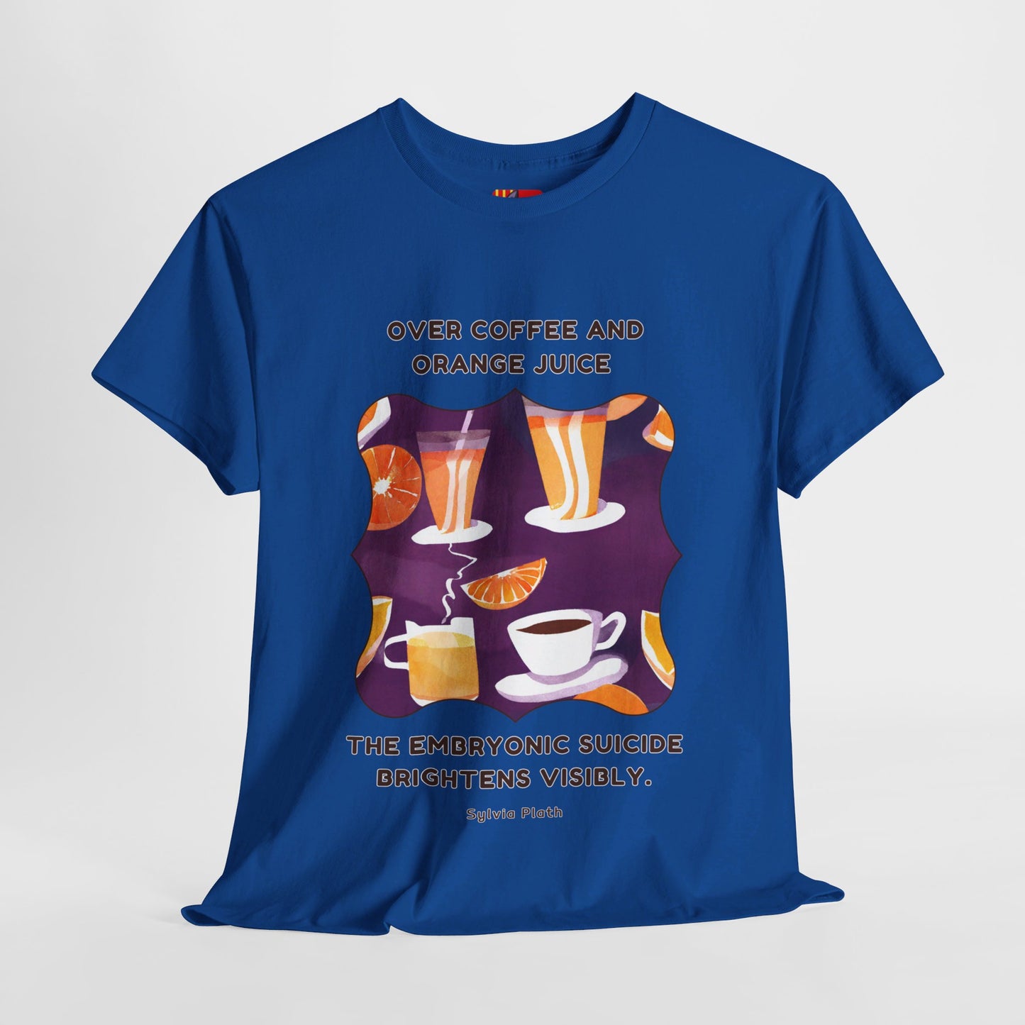 Over coffee and orange T-shirt