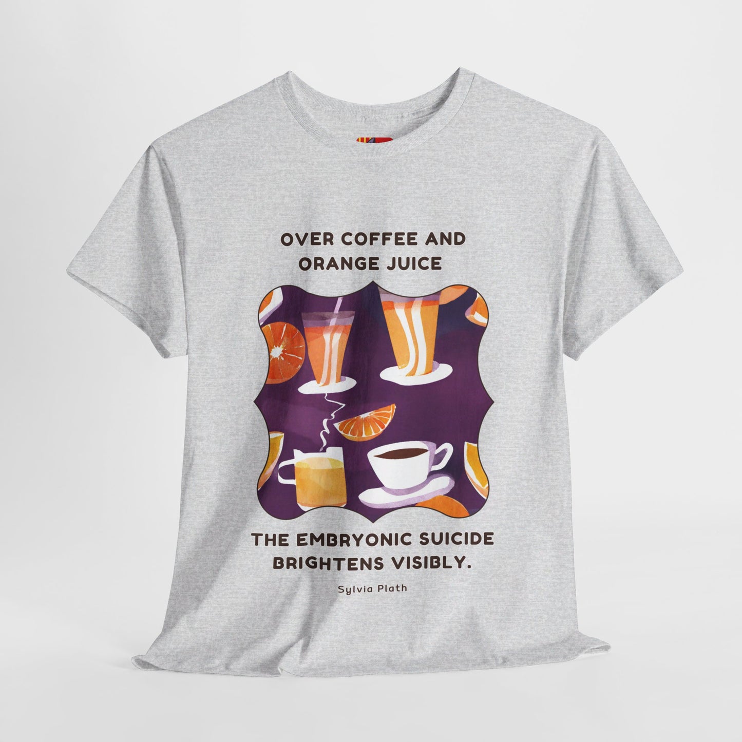 Over coffee and orange T-shirt