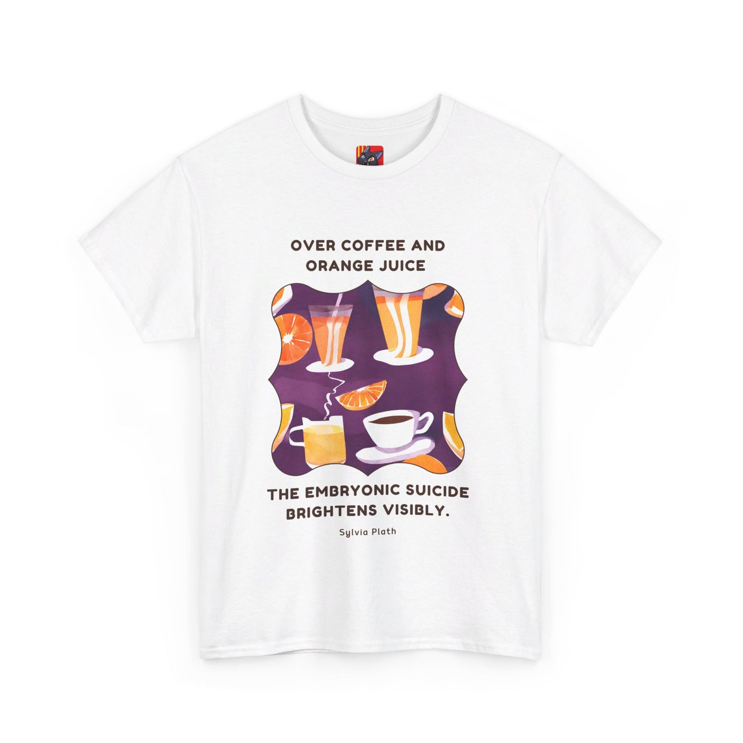 Over coffee and orange T-shirt