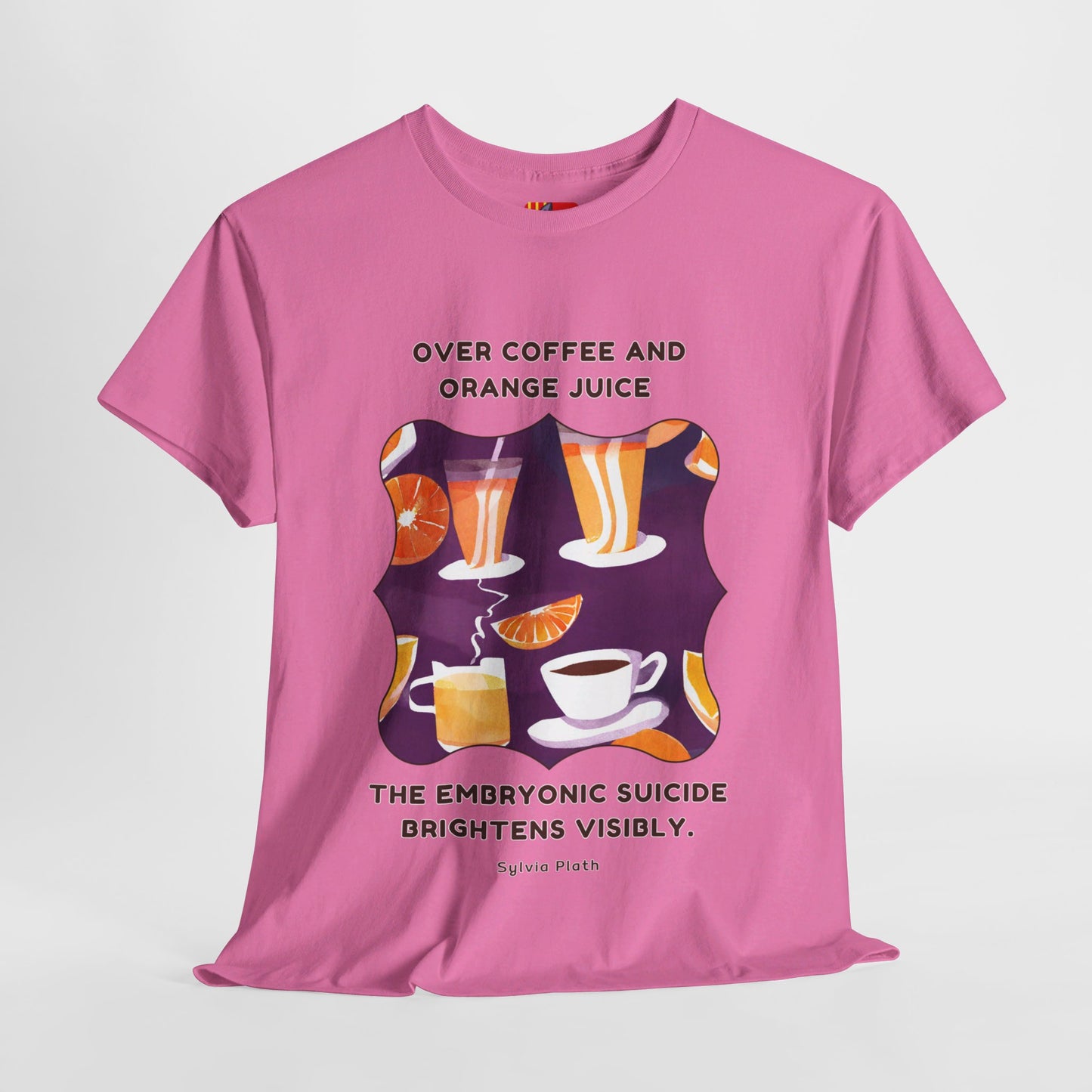 Over coffee and orange T-shirt